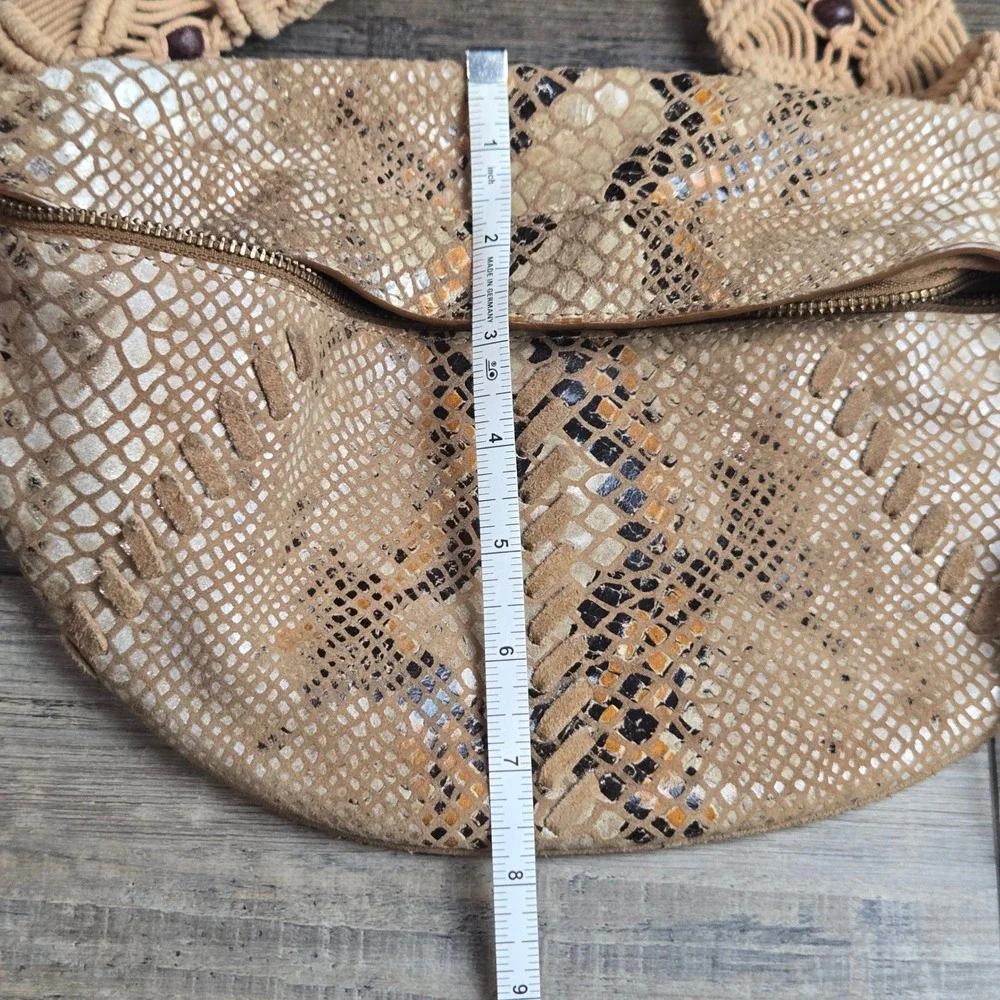 Free People Suede Snakeskin Macrame Sling Fringe Bag Tan Crossbody Purse Leather